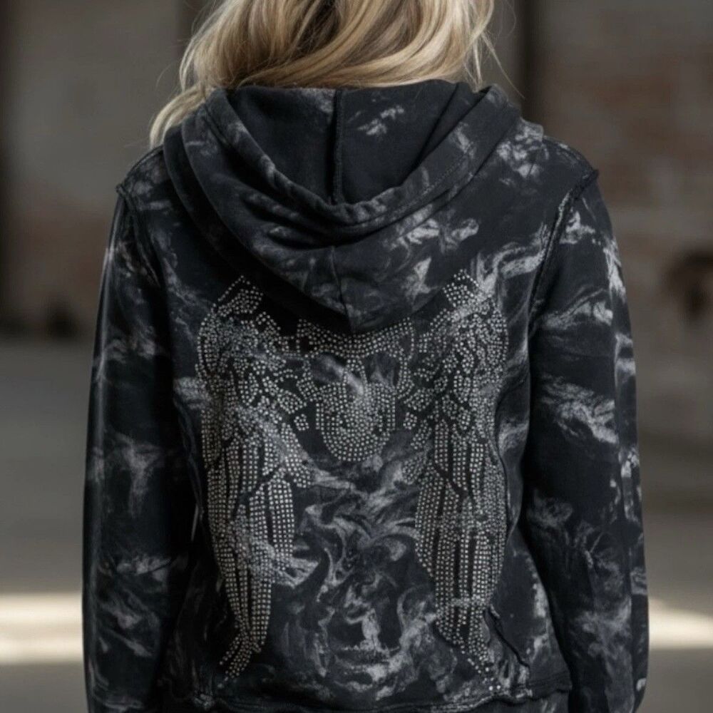 Sinful By Affliction S Grunge Black Jacket Hoodie Rhinestone Skull Wings Y2K - Picture 3 of 15